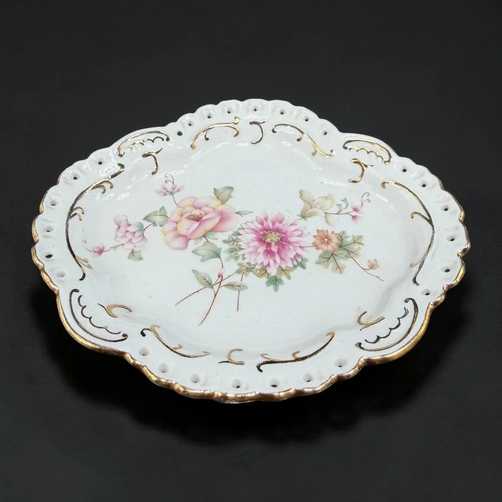 Aquincum Budapest Porcelain Trinket Dish Floral Gold Gilt Reticulated 5 Inch‎